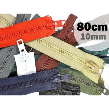 2 way zipper divisible, length 80 cm, coarse synthetic teeth 10mm, Num.10, 11 basic colors on offer for jackets, vests, coat, bags, footmuffs, etc
