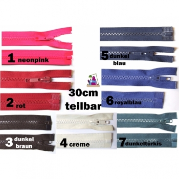 Jackets zipper divisible 30cm plastic tooth 5mm, Num 5 6 colors on offer