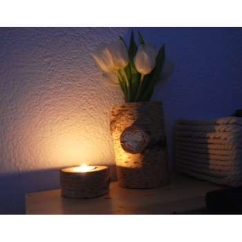 Set wooden vase with wooden candle birch wood