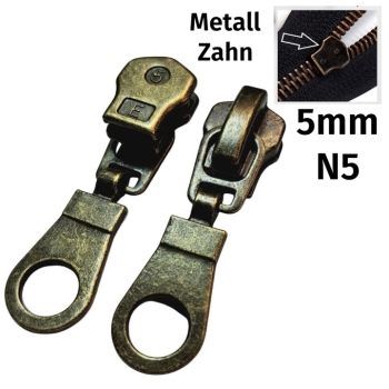 1 St. Ersatz Zipper Metall Num.5 5mm | Reißverschluss-Schieber in Antik | Zur Jackenreparatur