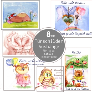 Kita Türschilder zum Ausdrucken – 8 PDF Aushänge mit Aquarell-Tieren