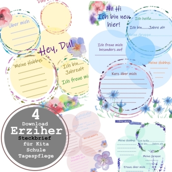 Steckbrief-Erzieherin-Vorlage-PDF-Download-4-Farben-Kita-Schule. Bild 6 Kaufen 4 Steckbrief-Vorlagen in Rosa, Grün, Lila und Gelb mit Fotofeld, Download für Erzieherinnen in Kita, Schule und Tagespflege. Bild 6