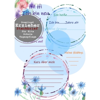 Steckbrief-Erzieherin-Vorlage-PDF-Download-4-Farben-Kita-Schule. Bild 3 Kaufen 4 Steckbrief-Vorlagen in Rosa, Grün, Lila und Gelb mit Fotofeld, Download für Erzieherinnen in Kita, Schule und Tagespflege. Bild 3
