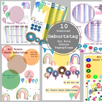 Geburtstagskind Kita – 10 Aquarell-Vorlagen zum Ausdrucken für Portfolio & Geburtstagsplakat