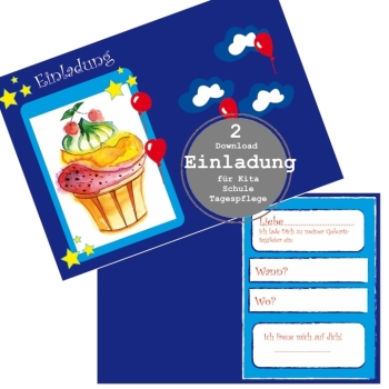 Kindergeburtstag Einladung zum Ausdrucken – Cupcake-Karte in Blau, PDF Sofortdownload