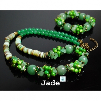 Kaufen Set: Armband+Collier Kette Jade Länge 65cm smaragdgrün. Bild 1