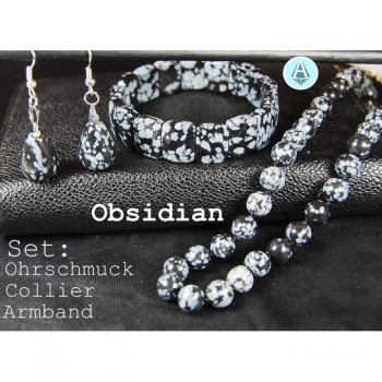 Set: necklace bracelet gemstone obsidian black gray elegant