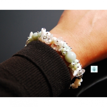 Kaufen Set: Armband+Collier Kette Achat Perlen Bergkristall L55cm weiss hellgrün. Bild 3