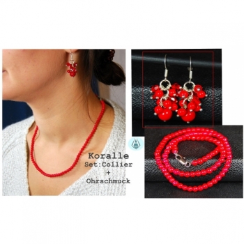 Set: necklace earrings coral red length 46cm