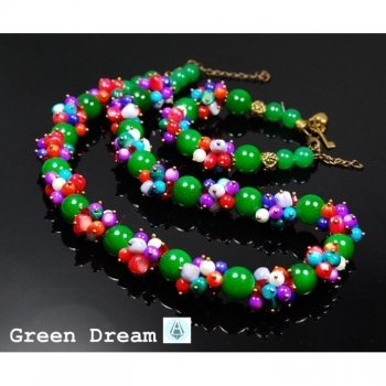 Kaufen Set: Armband+Collier Kette Jade Länge 60cm grün rot lila. Bild 1