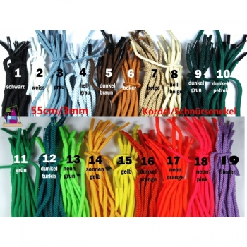 Cord, laces, drawstring, ribbon, diameter 3mm, length 55 cm, 20 colors on offer
