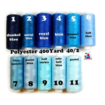 Nähgarn Polyester 400 Yard 40/2 11 Farben von dunkelblau bis hellblau.