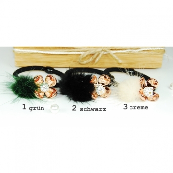 Kaufen Haargummi Haarschmuck Zopfgummi "Pussy" Farbe schwarz Blume blau, grün, beige. Bild 1