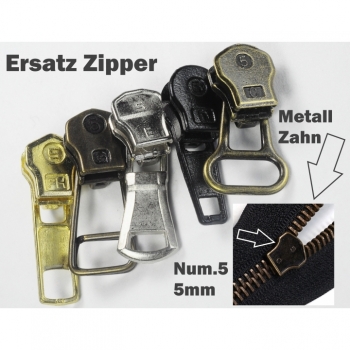 Ersatz Zipper für Reißverschlüsse mit Metall Zahn 5mm, Num.5 antik oxid