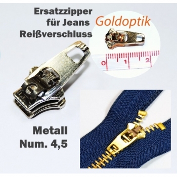Kaufen Ersatz Zipper für Jeansreißverschluss Metall Num.4,5 in Silber oder Goldoptik. Bild 1