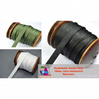 Buy 1m Kordel Hoodieband Schnur Meterware flach 10mm schwarz weiss khaki  Schnur für Jacken Hoodie Kinderbekleidung. Picture 1