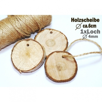 Buy 1St. Holzscheiben Baumscheiben Wood disk Ø ca.6cm rund mit 1xLoch Eiche Birkenscheibe Mixpacket Stärke ca.1cm Frühlingsdeko Deko . Picture 1