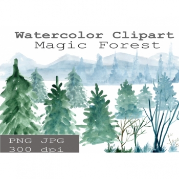 Buy Digi Stamps Watercolor Clipart "Magic Forest" PNG JPG 300 dpi Weihnachtskarten Scrapbooking. Picture 1