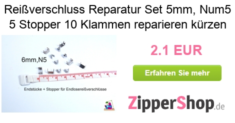 Zipper Accessoires - Zipper 5mm, Num.5 : Reißverschluss Reparatur Set 5mm,  Num5 5 Stopper 10 Klammen reparieren kürzen (2.1 EUR)